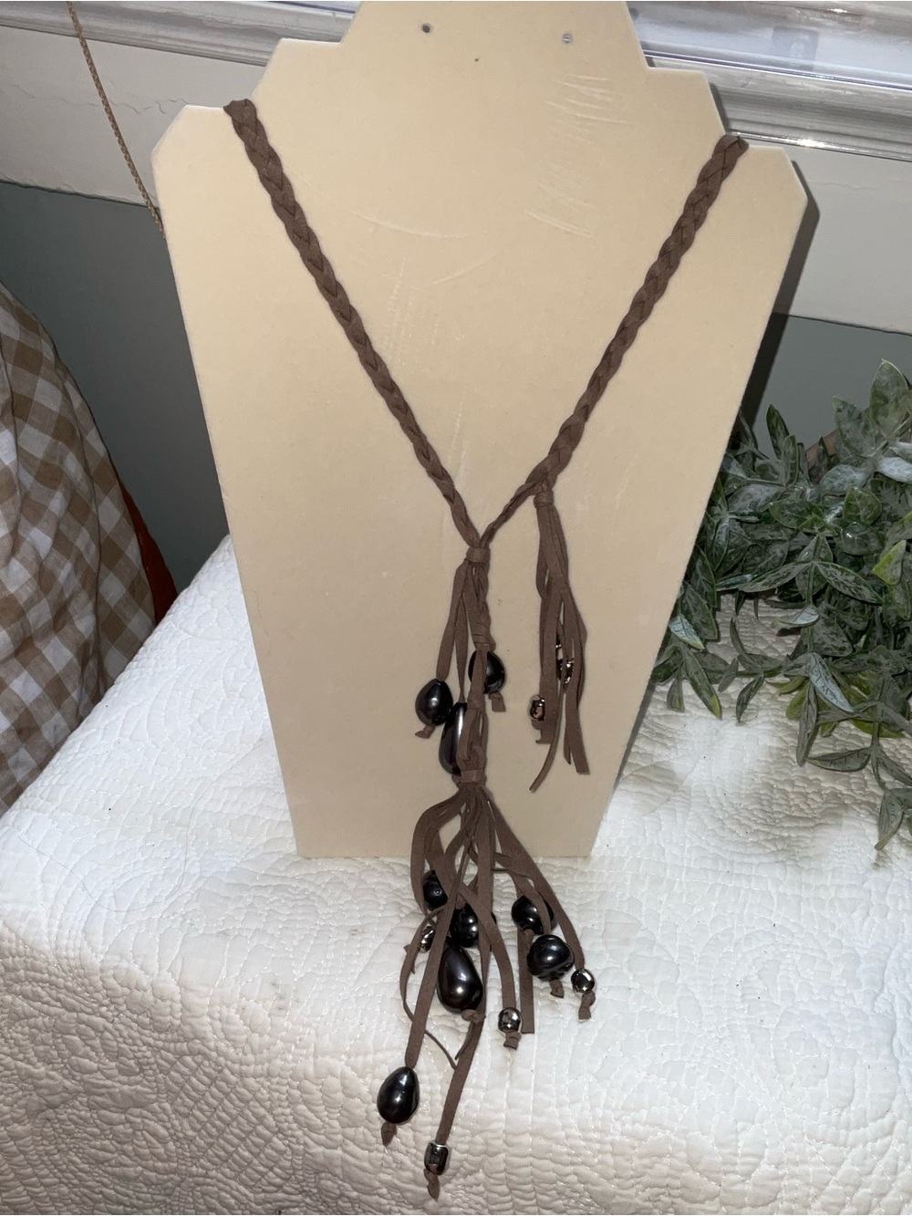Soft Surroundings Braided Taupe Necklace with Bead Tassels